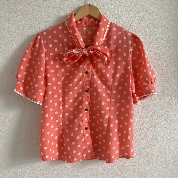 Coral Polka Dot Pussybow Blouse - Picture 4 of 7